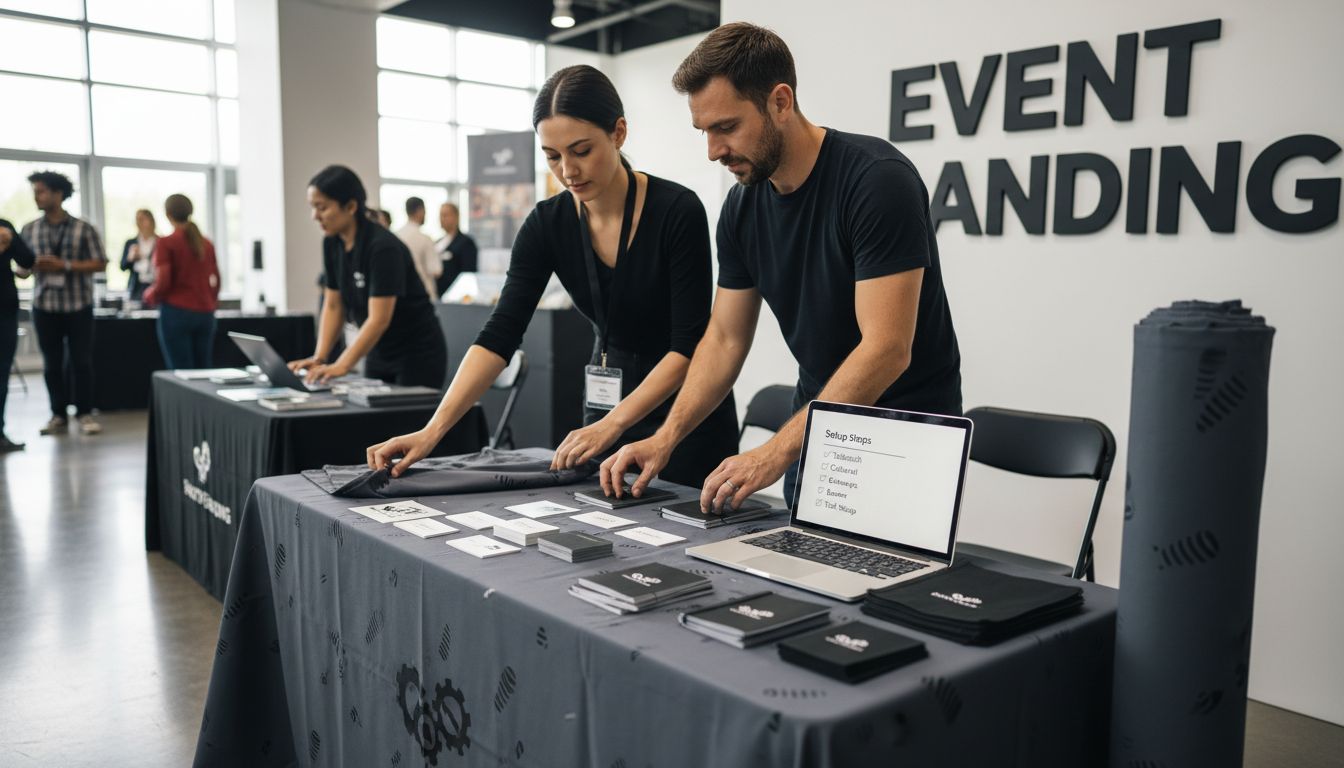 Professionals arranging branded event table display