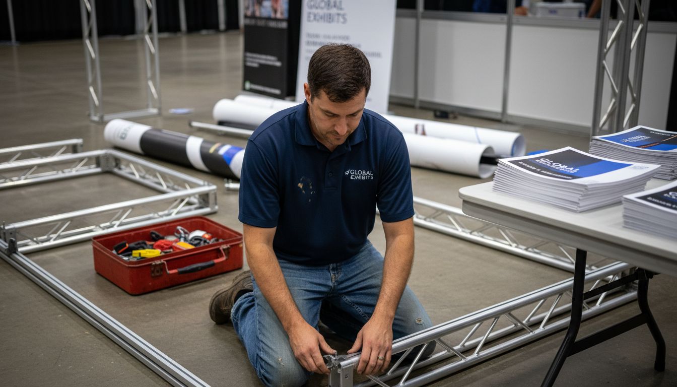 Worker assembling trade show booth display