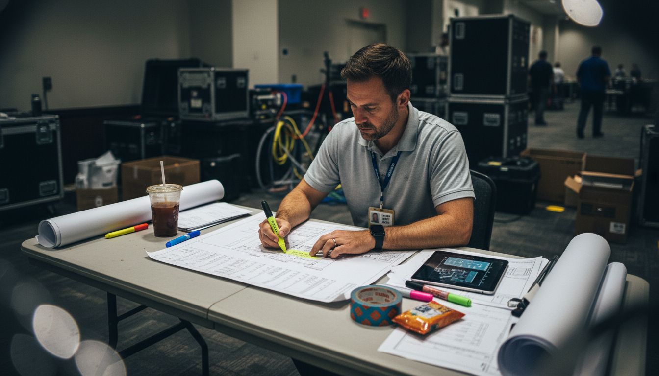 Event coordinator plans promotional display layout