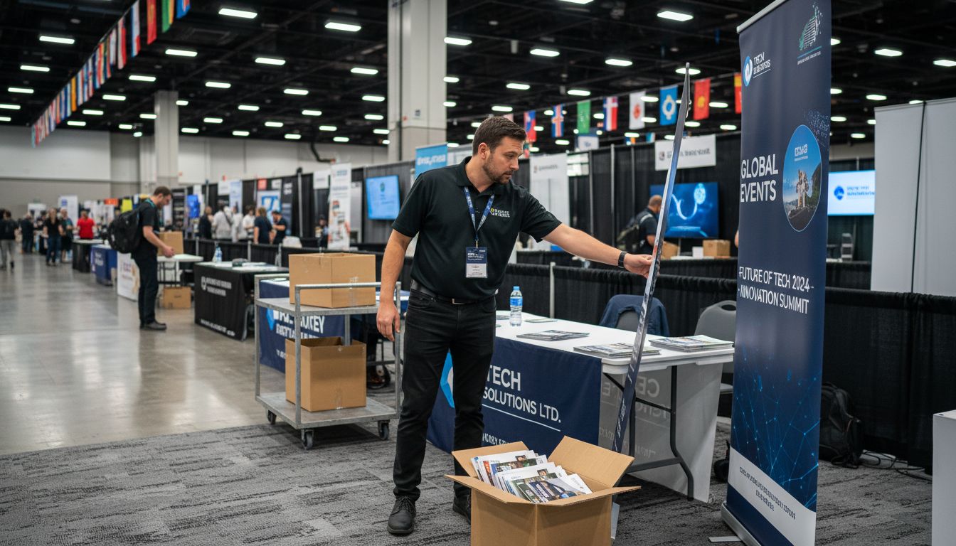 Event coordinator arranging portable display at convention