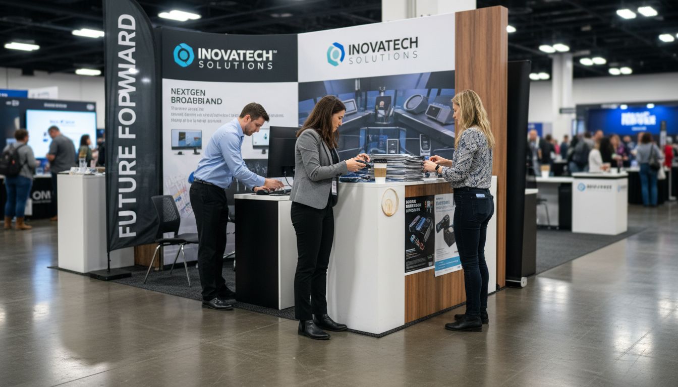 Team arranging branded booth at trade show