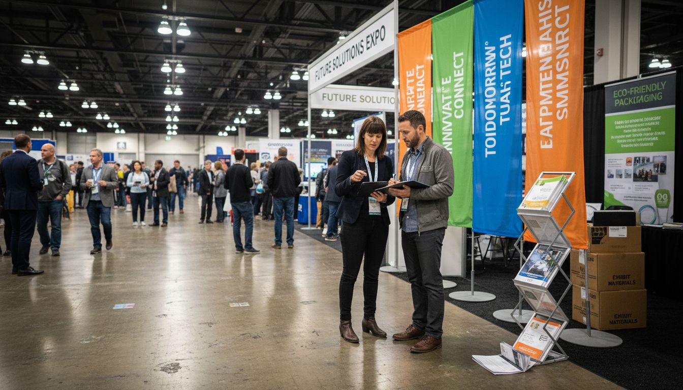 Trade show floor with prominent banners