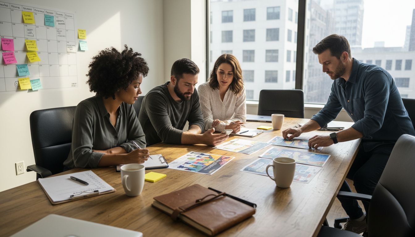 Event planners reviewing marketing checklist together