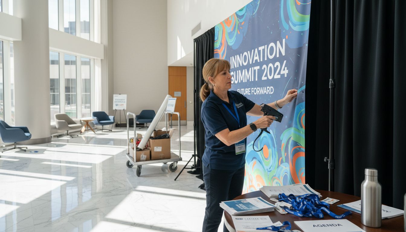 Event coordinator assembling branded banner display