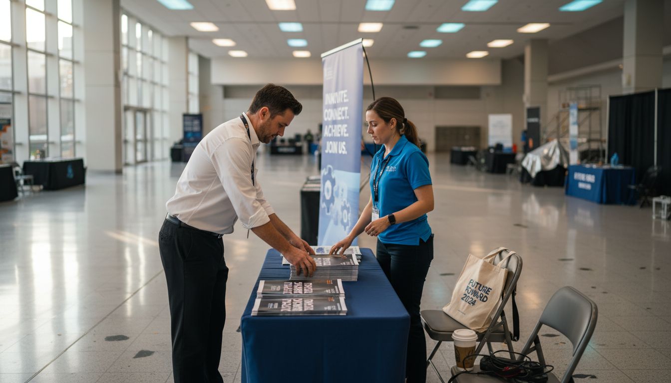 Event staff arranging display at convention booth