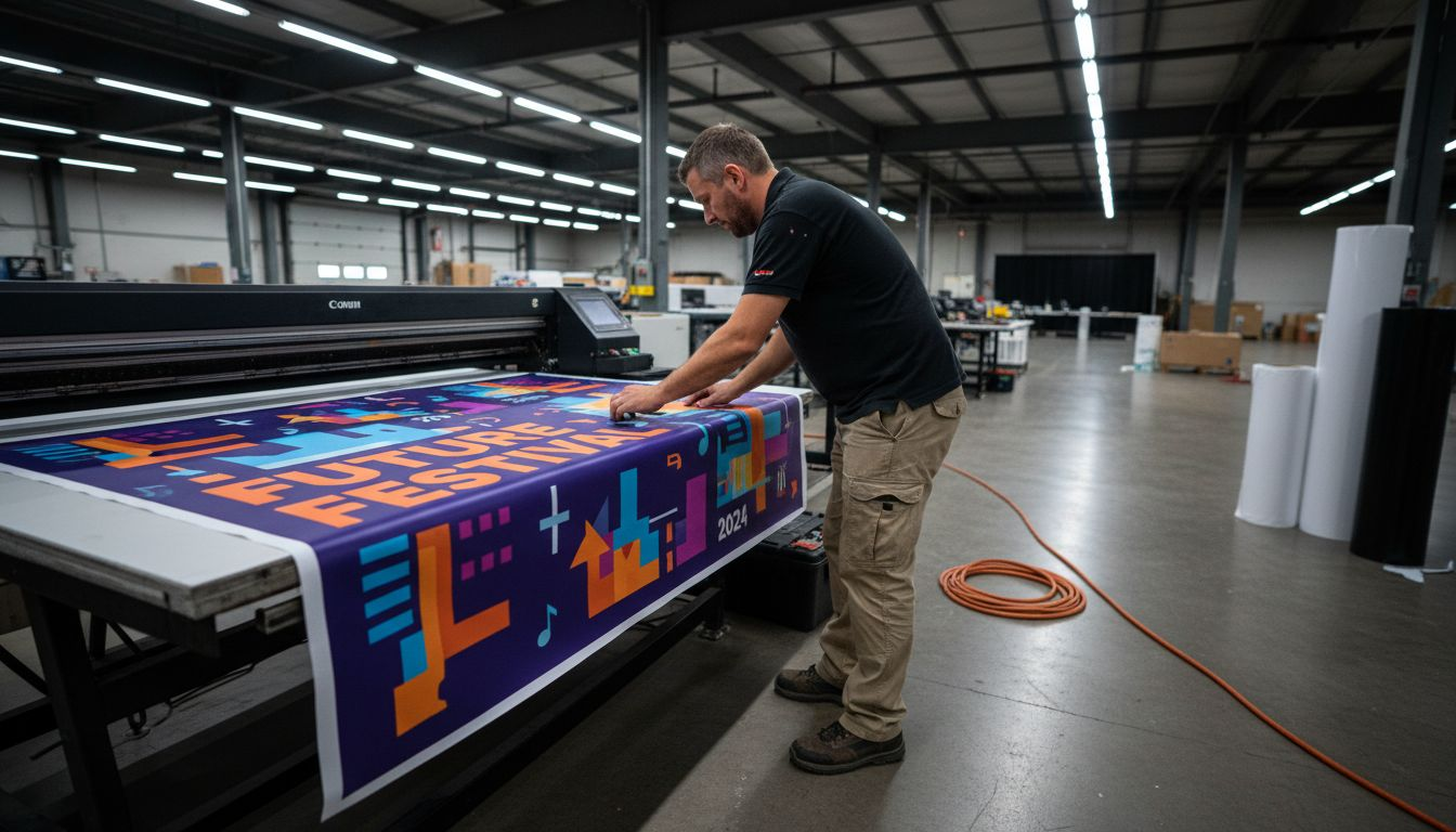 Technician operating large event display printer
