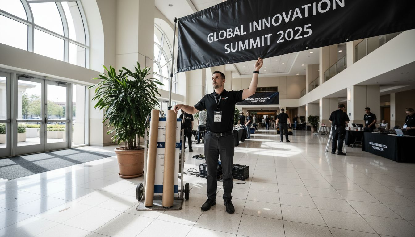 Event coordinator adjusts banner at lobby entrance