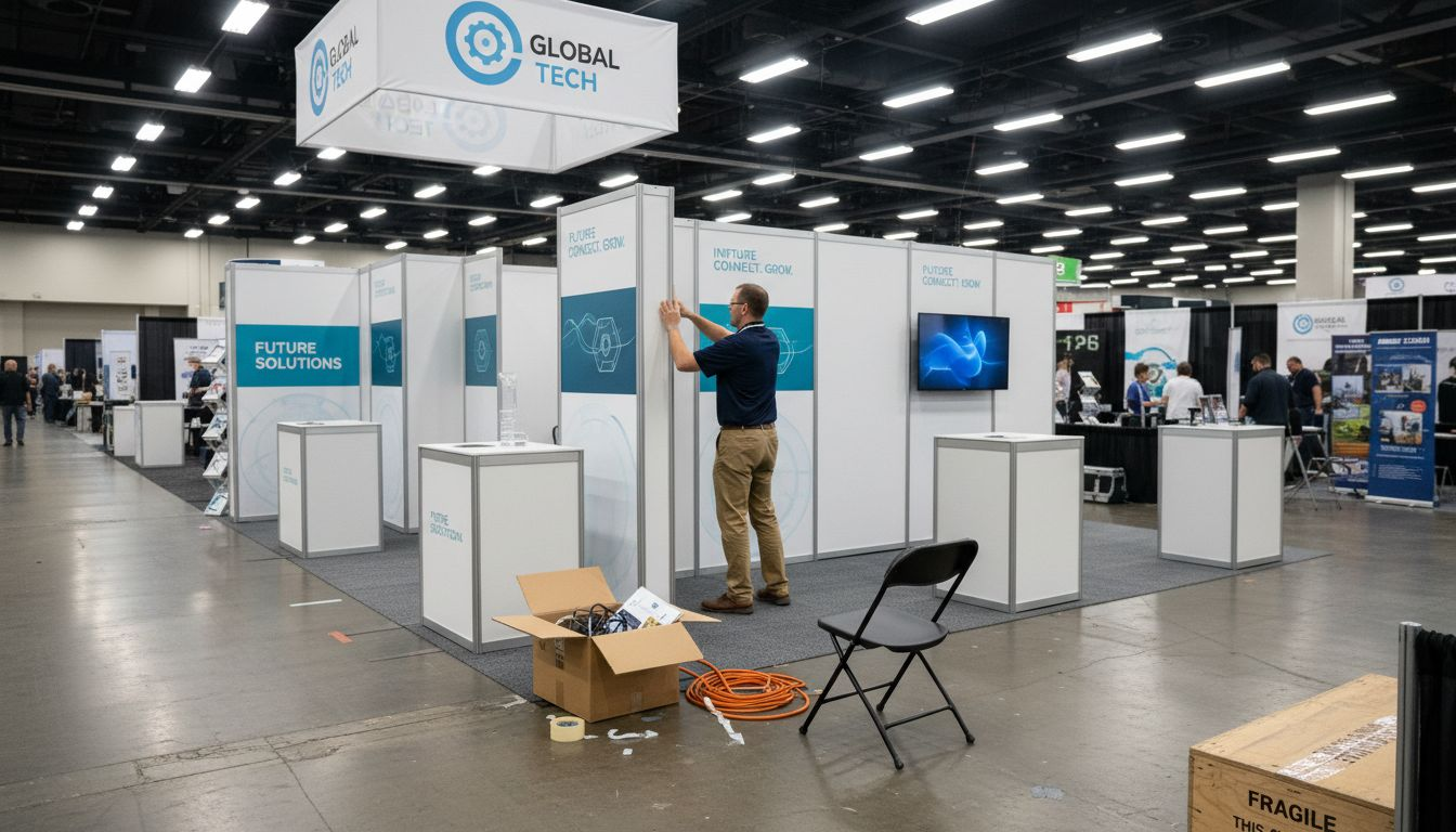 Coordinator setting up trade show display booth