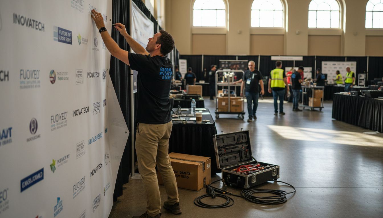 Coordinator setting up trade show display booth