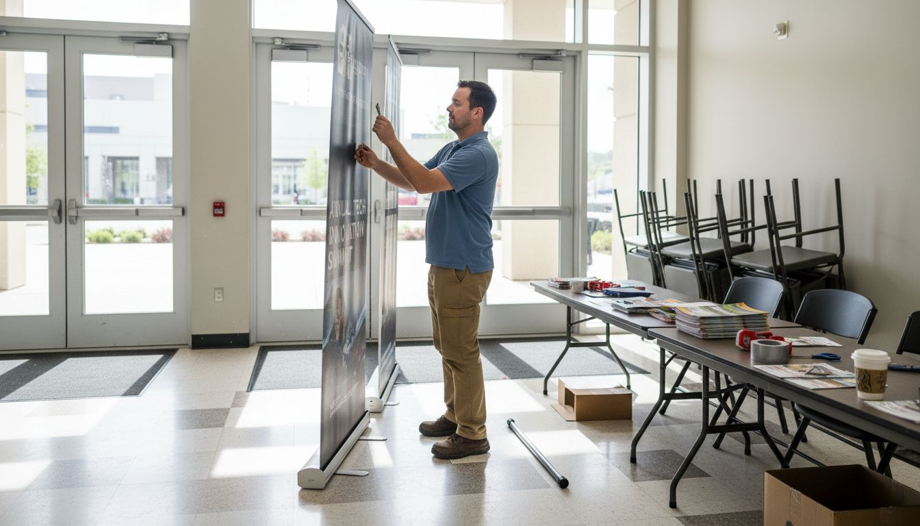 Coordinator arranging event display accessories