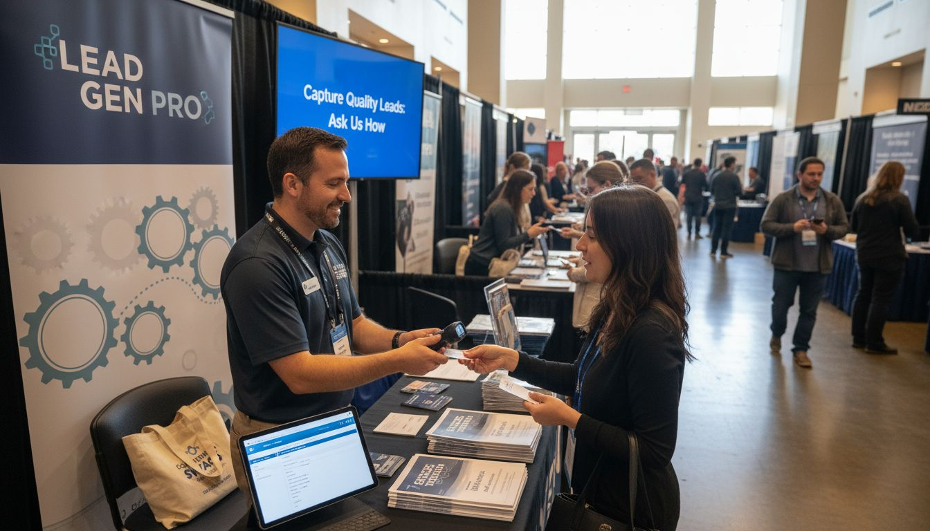 Staffer exchanging card at trade show booth