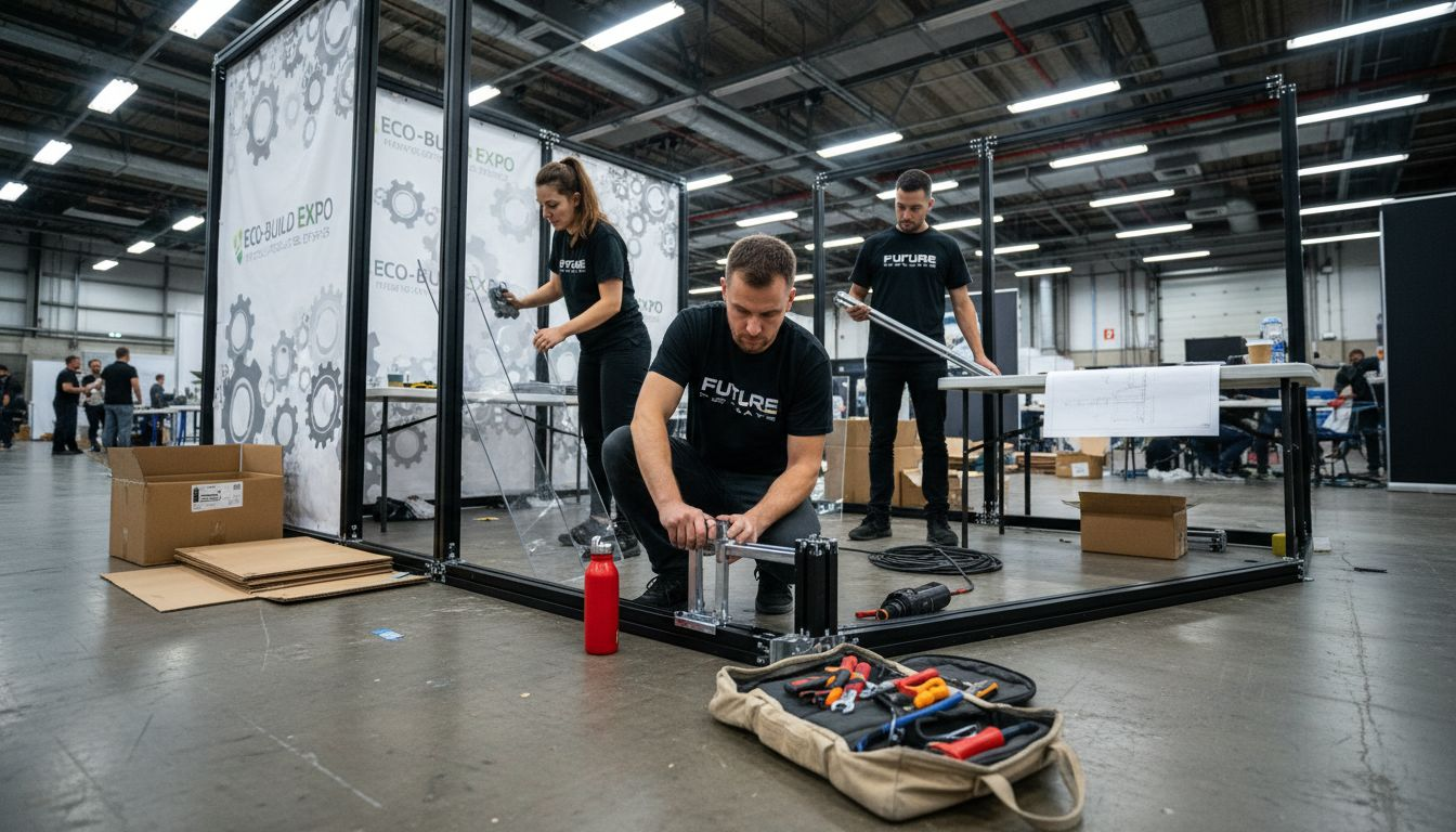 Staff assembling reusable display at trade show