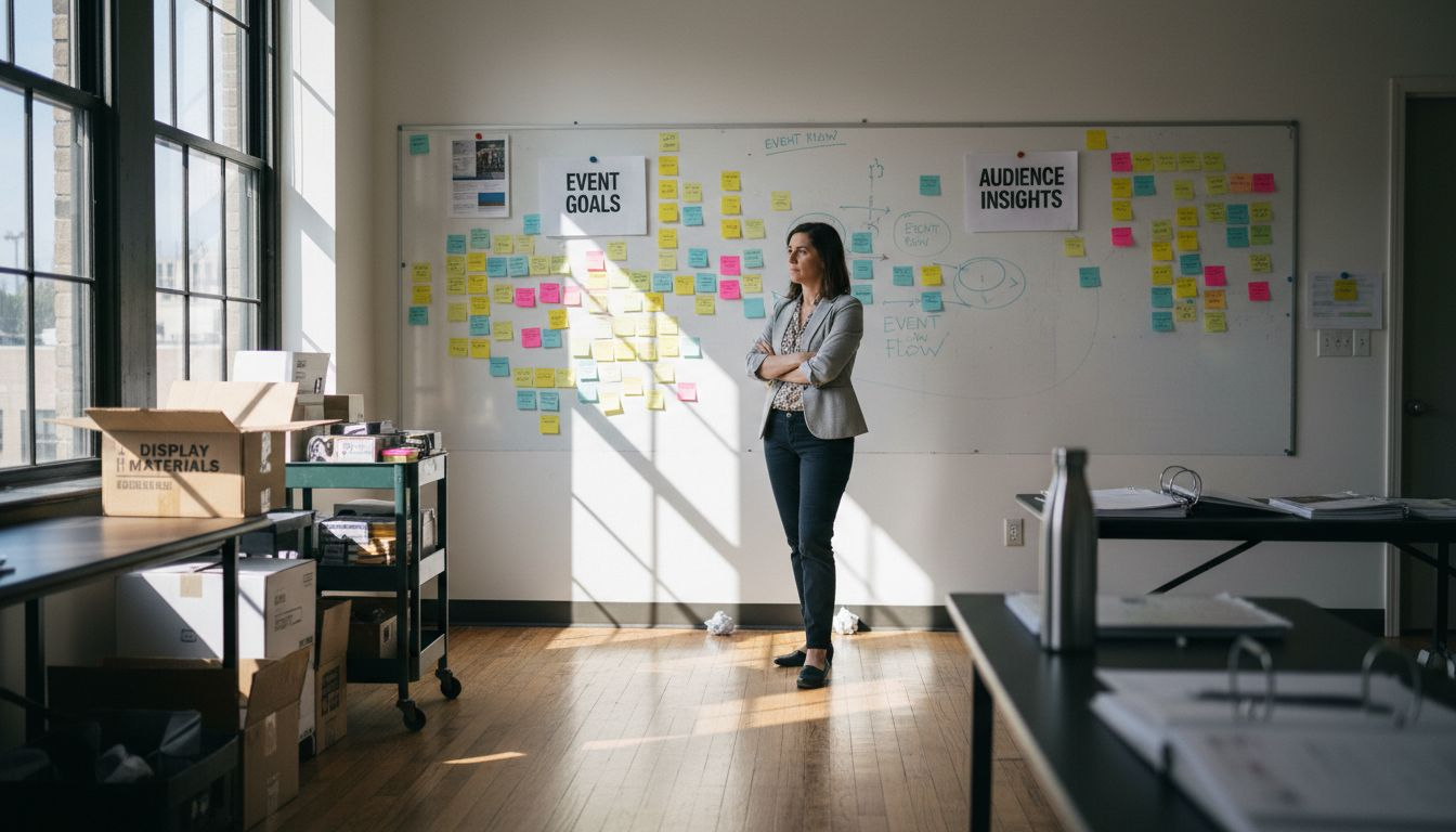 Event planner reviews brainstorming whiteboard in agency