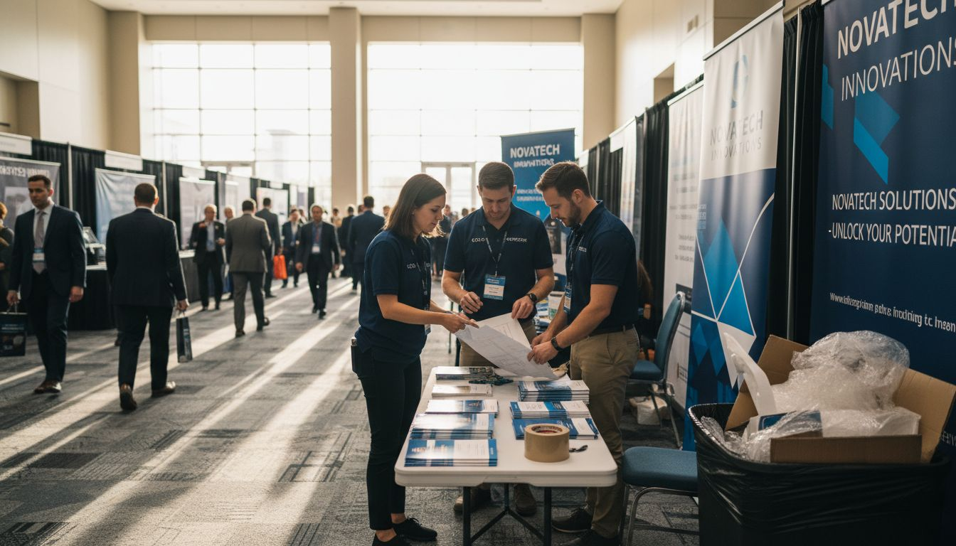 Team setting up brand visuals at trade show