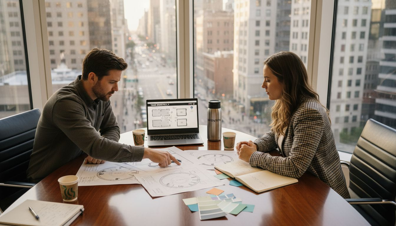 Event planners discussing trade show booth designs