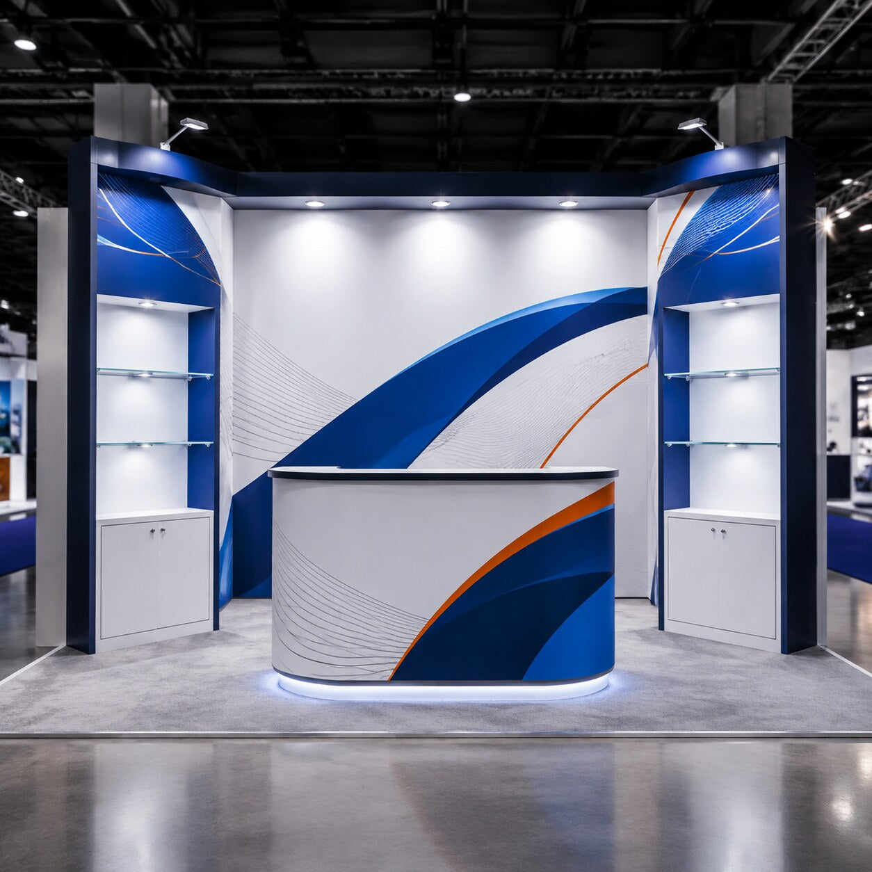 Modular branded exhibition booth with counter and illuminated shelving