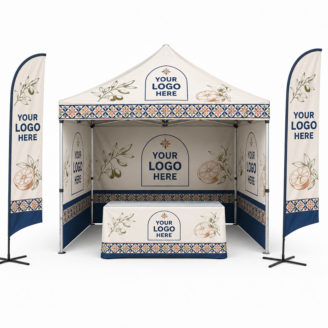 3x3 Gazebo Printed Package 9 - Custom Canopy Three Side Walls + Table Cloth + Two Flags