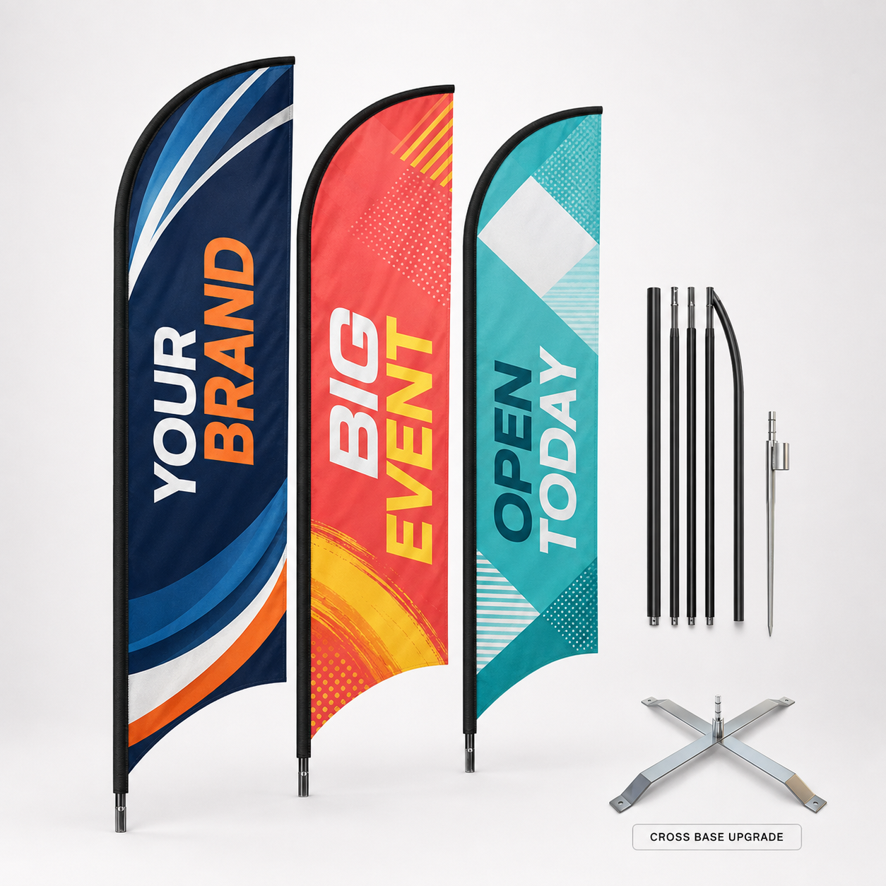 Custom printed feather flag kits in three example designs with pole, spike and cross base upgrade
