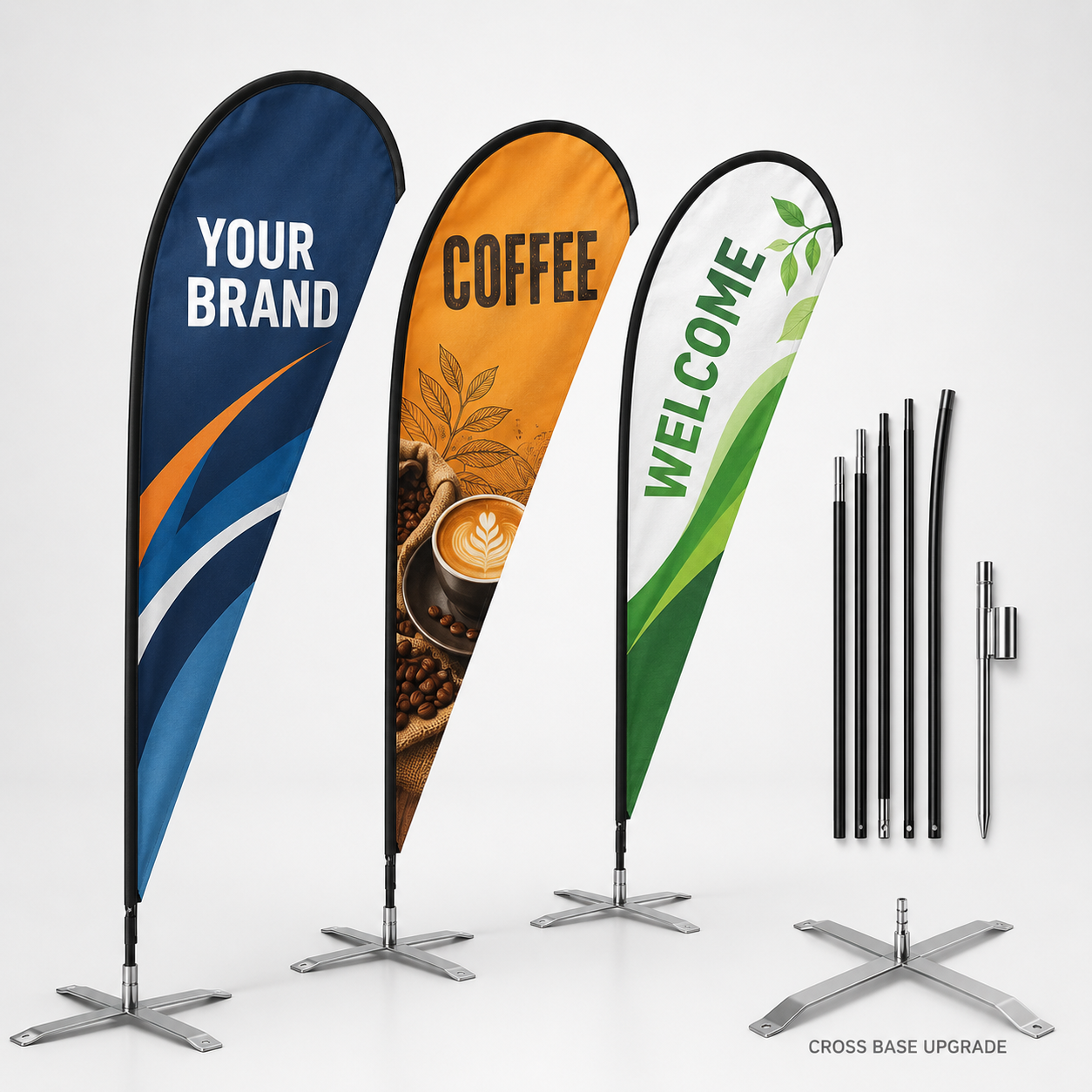 Custom printed teardrop flag kits in three example designs with pole, spike and cross base upgrade