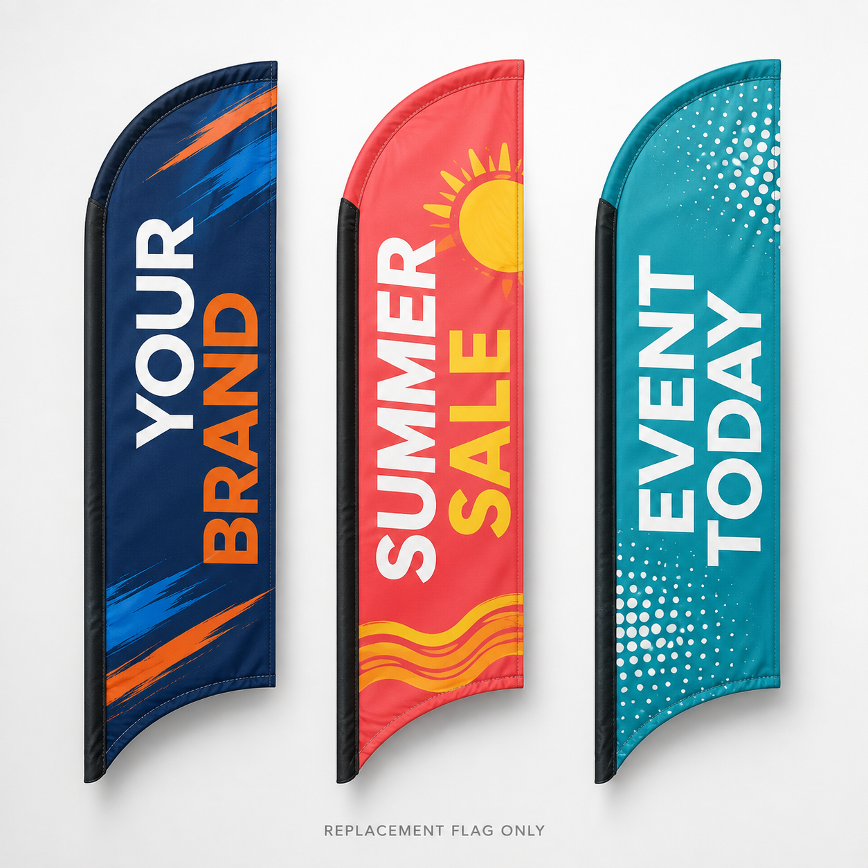 Replacement feather flags only in three custom printed design examples