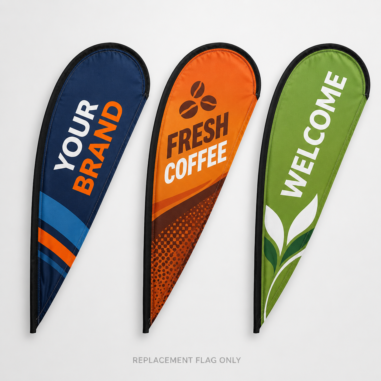Replacement teardrop flags only in three custom printed design examples