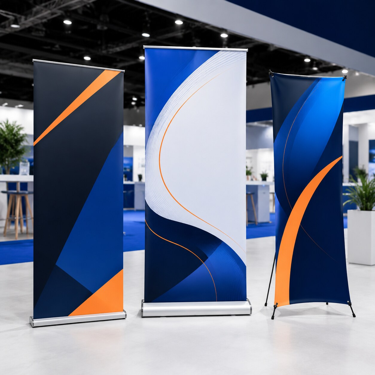 Freestanding promotional banner stands in a modern exhibition hall