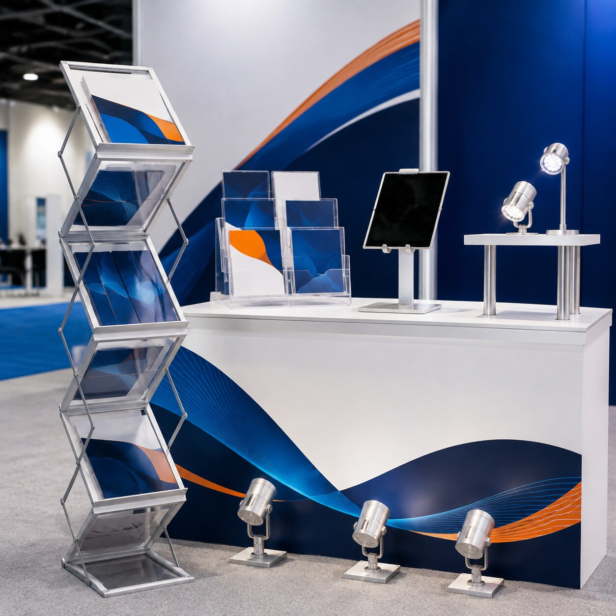 Indoor exhibition accessories including brochure holders tablet stand and lights