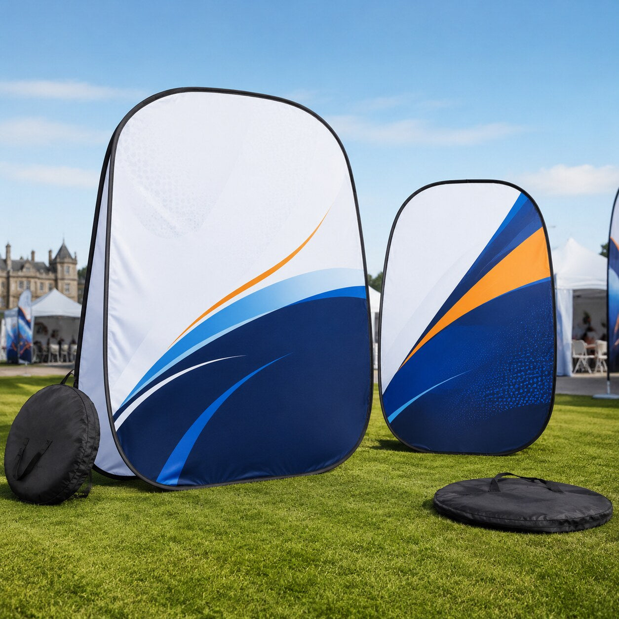 Portable pop up fabric banners at an outdoor event