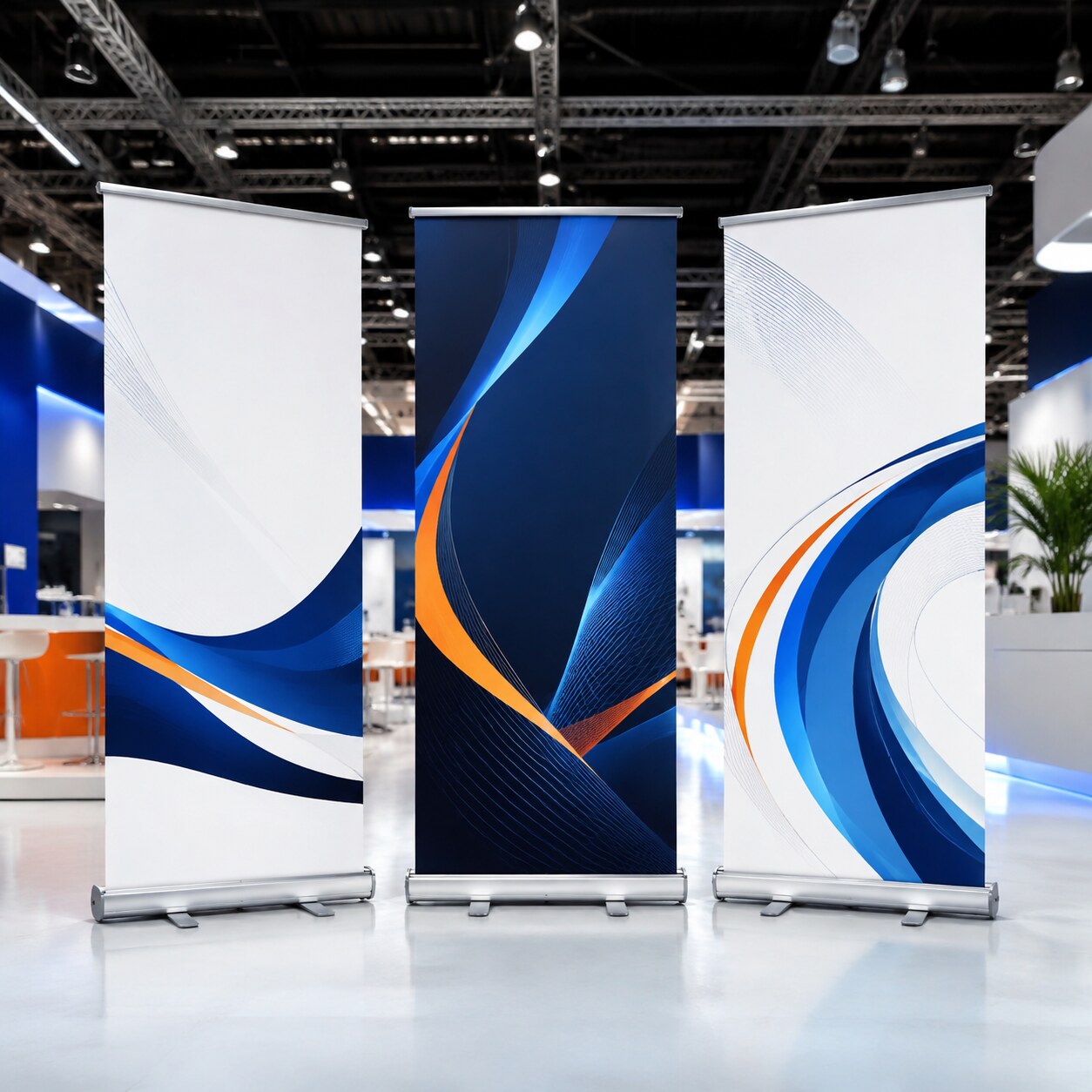 Premium roll up banner stands in a trade show hall