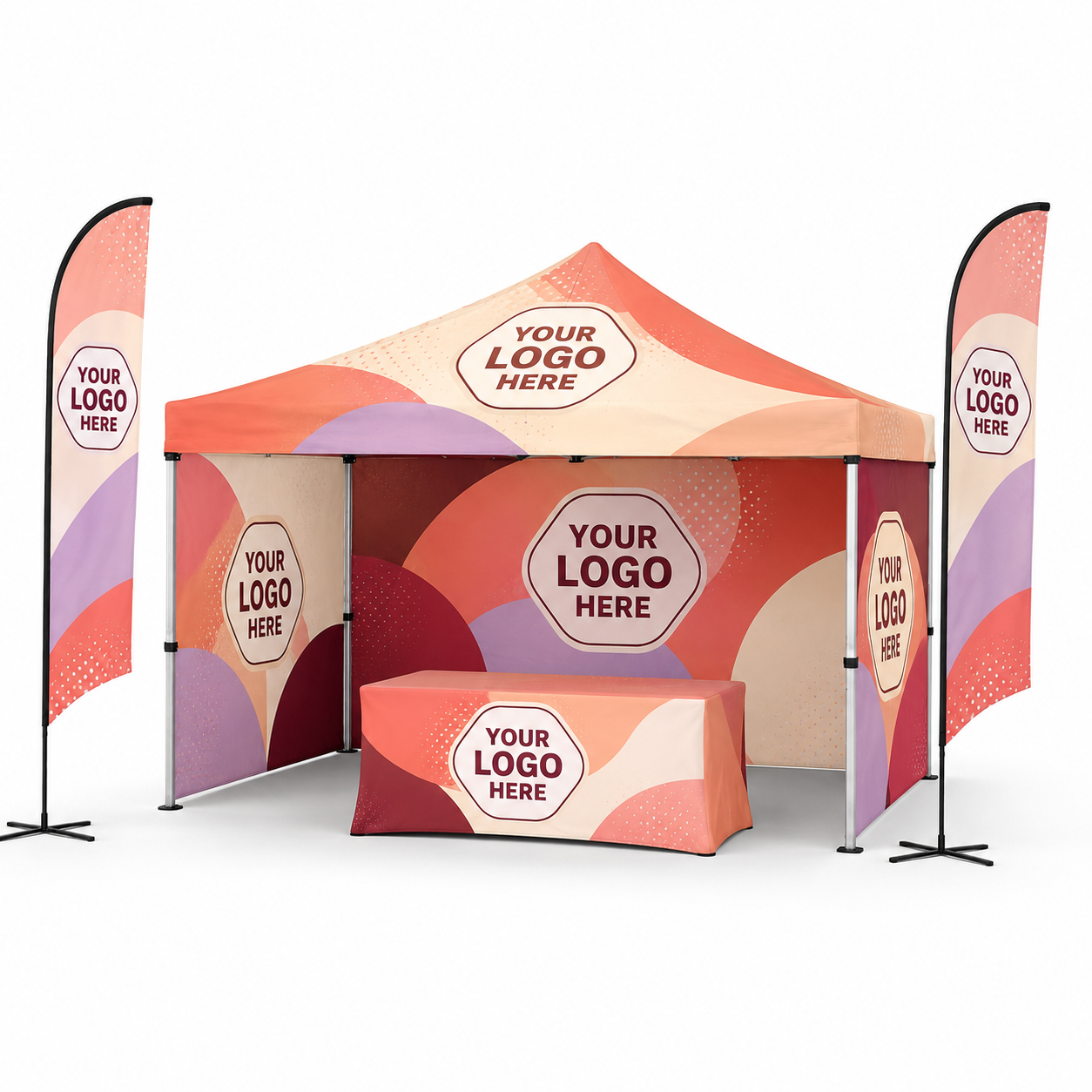 3x4.5 Gazebo Printed Package 10 - Custom Canopy Three Side Walls + Table Cloth + Two Flags