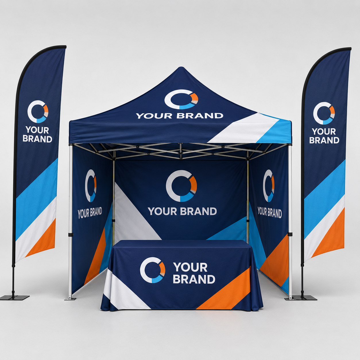 3x3 Gazebo Printed Package 10 - Custom Canopy Three Side Walls + Table Cloth + Two Flags