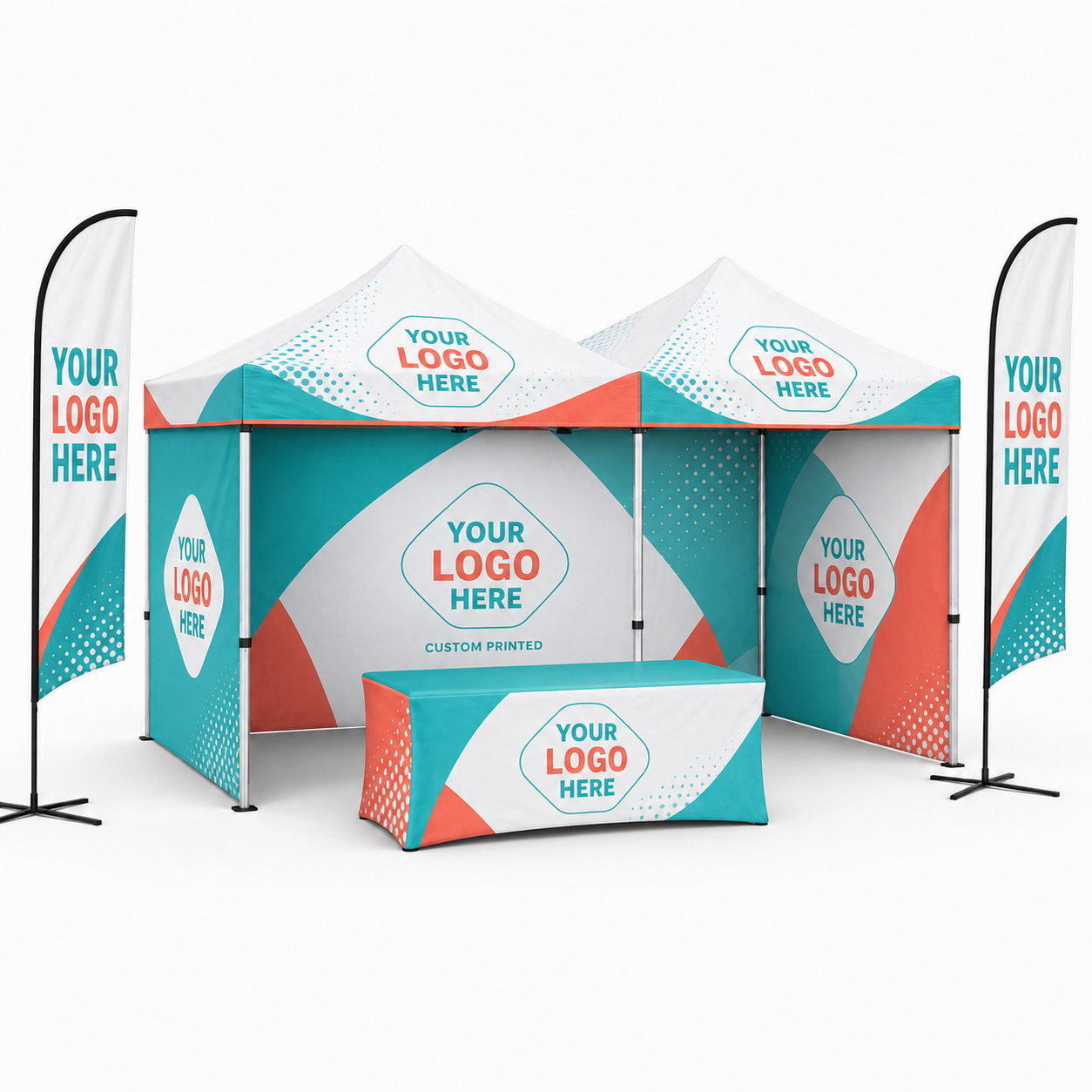 3x6 Gazebo Printed Package 10 - Custom Canopy Three Side Walls + Table Cloth + Two Flags