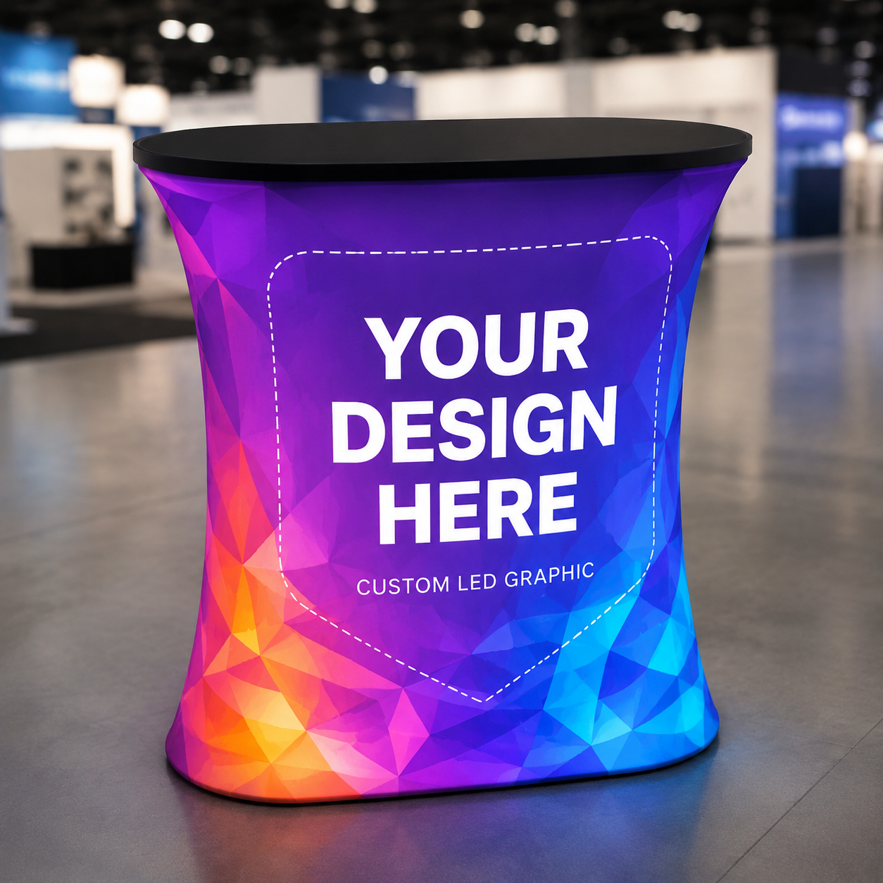 Portable illuminated oblong pop-up exhibition counter with custom graphic