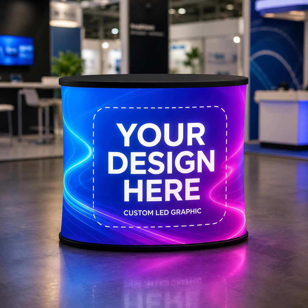 Portable illuminated oval pop-up exhibition counter with custom graphic