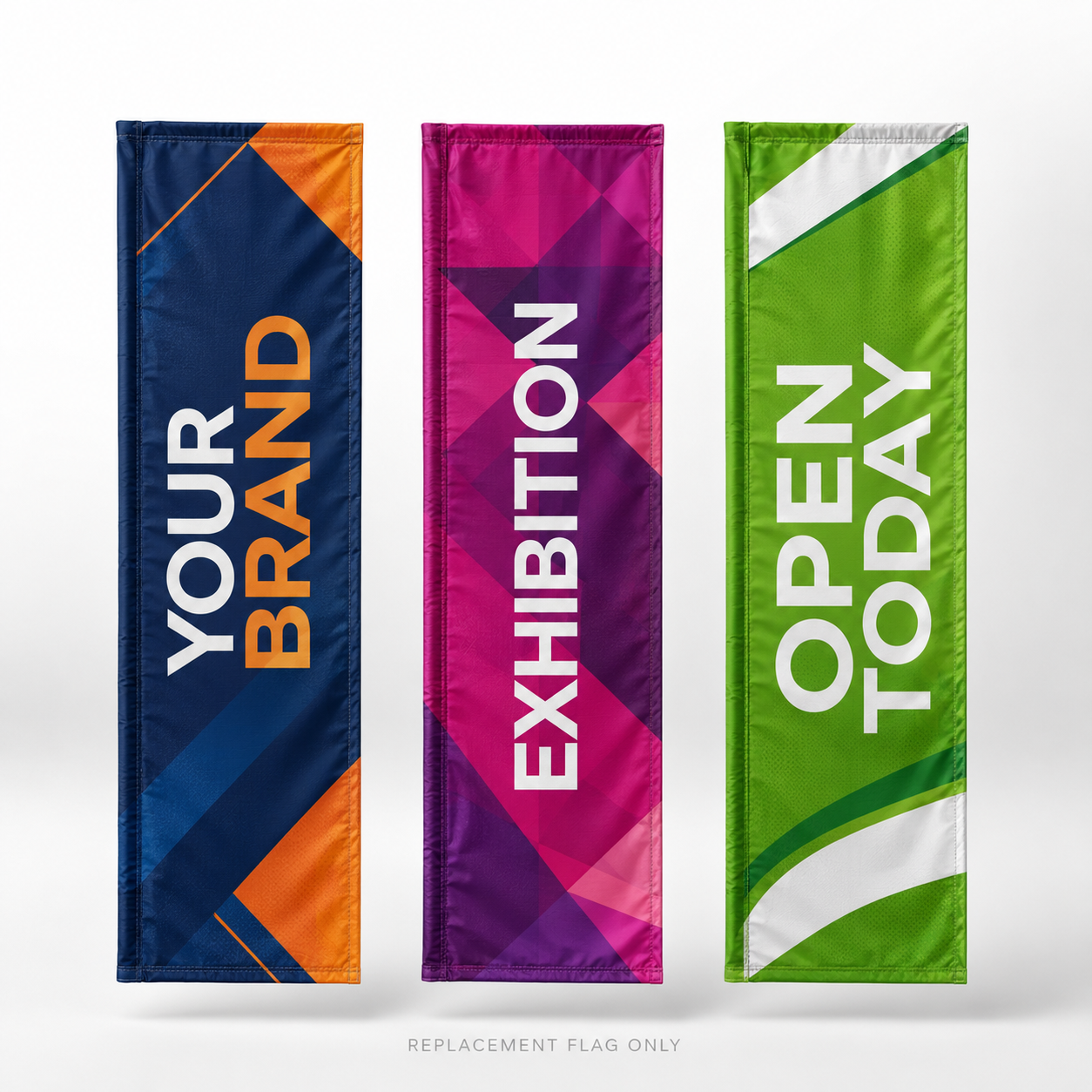 Replacement rectangular block flags only in three custom printed design examples